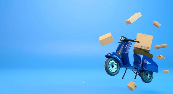 3D rendering delivery service  by motorcycle ,logistic of service , food delivery moto scooter driver with brown box