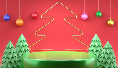 Kırmızı zemin üzerinde 3D Noel süsleri ve podyum, 3 boyutlu Noel ve Yeni Yıl Festivali ürün gösterimi için