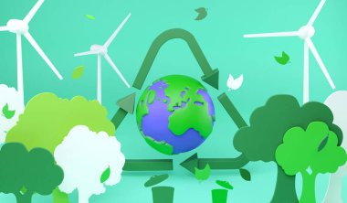 3 boyutlu geri dönüşüm, 3 boyutlu illüstrasyon yeşile döner ve çevreyi kurtarır. Küresel ısınma kavramını