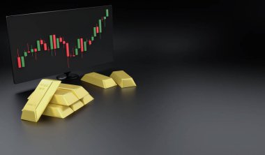 3D yorumlama altın külçesi ve grafik fiyat monitörü önx altın ticareti, 3D illüstrasyon altın ticareti kavramı