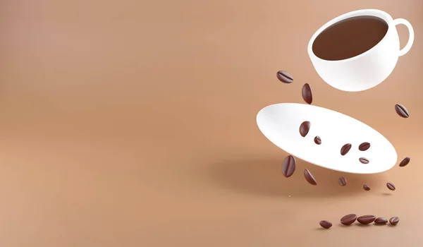 3D rendering falling of coffee cup and coffee beans for copy space on brown background , 3D illustration coffee concept