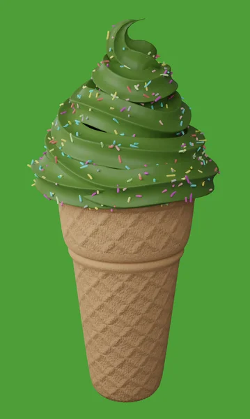 Matcha green tea ice cream cone isolated , 3D rendering