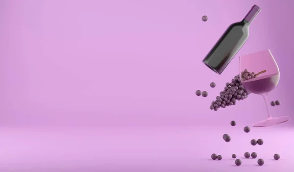 Rendering Falling Grape Wine Bottle Glass Copy Space Purple Background — Photo