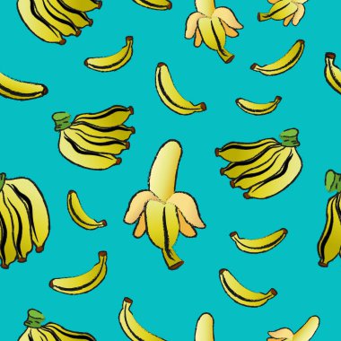 Muz desenli, mavi renkli arka planda dikişsiz vektör, meyve desenli, dikişsiz duvar kağıdı