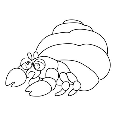 Beyaz arkaplanda münzevi yengeç ana hatlı vektör çizgi film tasarımı