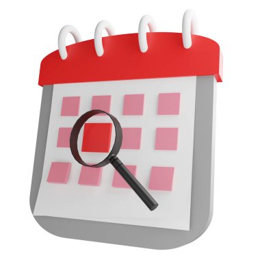 3D render focus calendar icon isolated on white background , magnifying glass focus to important thing concept icon