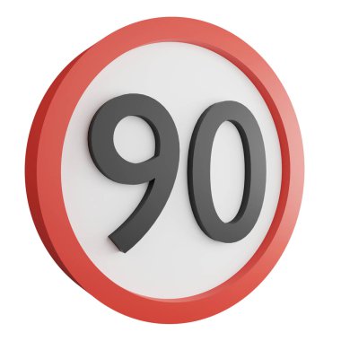 3D render 90 maximum speed limit sign icon isolated on white background, red mandatory sign