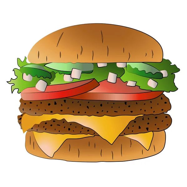 Doppio Cheeseburger Isolato Disegno Del Fumetto Sfondo Bianco Fast Food — Vettoriale Stock