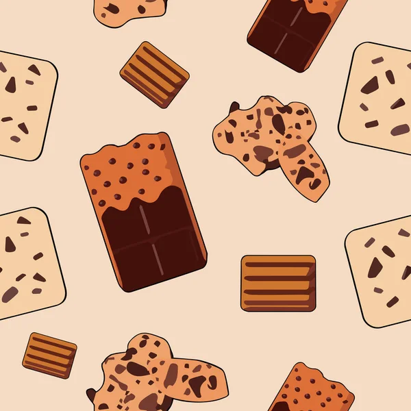 Schokoladenkeks Und Cracker Muster Nahtloser Vektor Auf Cremefarbenem Hintergrund Schokoladenmuster — Stockvektor