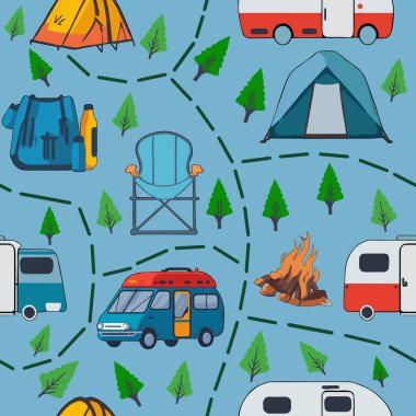 Kamp elementi desenli, mavi arkaplanda kusursuz vektör, kamp desenli, dikişsiz duvar kağıdı