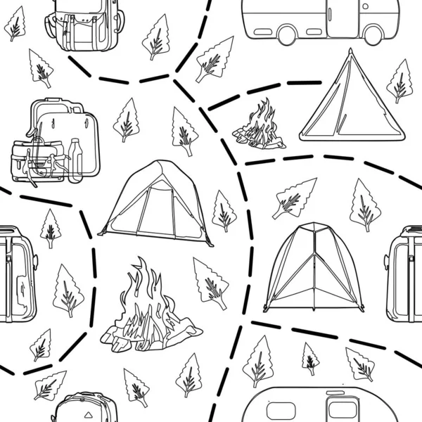 Modèle Contour Élément Camping Vecteur Sans Couture Sur Fond Blanc — Image vectorielle