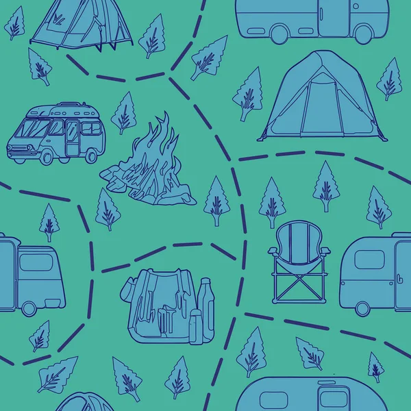 Camping Element Lijn Kunst Patroon Naadloze Vector Groene Achtergrond Camping — Stockvector