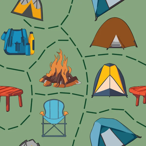 Modèle Élément Camping Vecteur Sans Couture Sur Fond Vert Motif — Image vectorielle