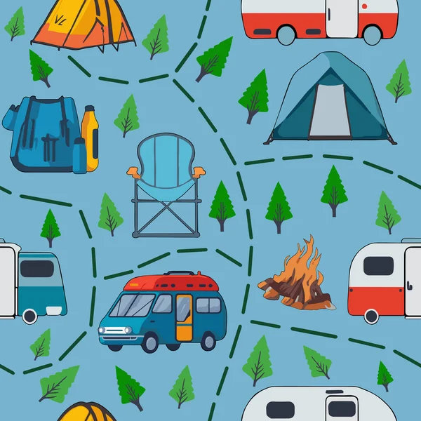 Camping Element Patroon Naadloze Vector Blauwe Achtergrond Camping Patroon Naadloze — Stockvector