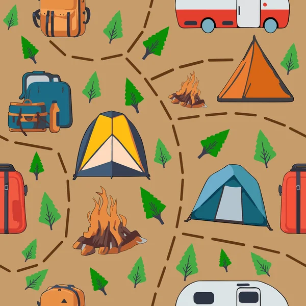 Modèle Élément Camping Vecteur Sans Couture Sur Fond Brun Motif — Image vectorielle