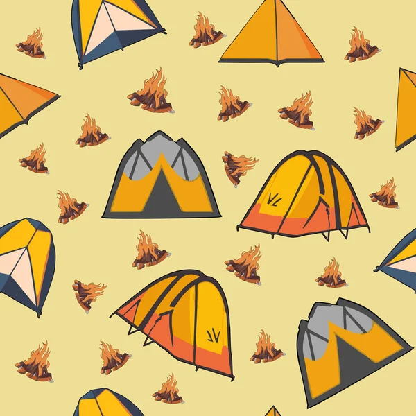 野营帐篷和篝火元素线条艺术图案黄底无缝矢量 野营图案无缝墙纸 — 图库矢量图片