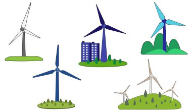 Rüzgar türbini clipart vektörü beyaz arkaplan üzerine düz tasarım, temiz enerji konsepti izole edilmiş simge element
