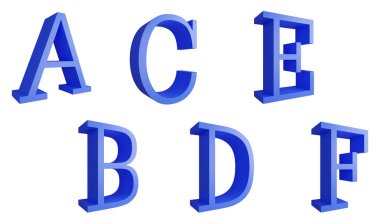 Alfabe A-F clipart ögesi, 3D render İngiliz alfabe konsept simgesi beyaz arkaplan üzerinde izole