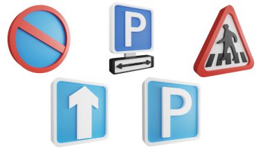 Yol işareti yan görünüm ögesi, 3B render trafik işareti konsepti simgesi seti beyaz arkaplan 12 de izole edildi