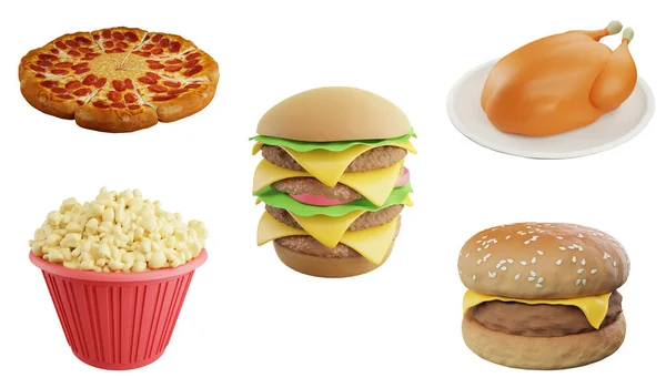 快餐山体元素 3D渲染垃圾食品概念图标集隔离在白色背景2 — 图库照片
