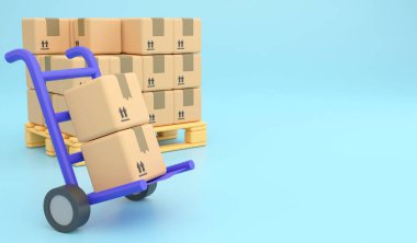 Blue trolley with parcel box. 3d render logistic and delivery icon concept and copy space on blue background clipart