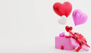 Sevgililer günü kalpleri mevcut kutuda, 3D görüntüleme Sevgililer Günü konsepti ve beyaz arkaplanda kopyalama alanı