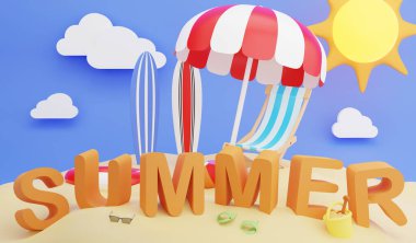 Yaz plajı duvar kağıdı illüstrasyonu, 3D render Yaz ve seyahat konsepti mavi arkaplan