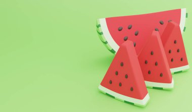 Karpuz duvar kâğıdı çizimi, 3D hazır yiyecek ve içecek konsepti ve yeşil arkaplanda kopyalama alanı
