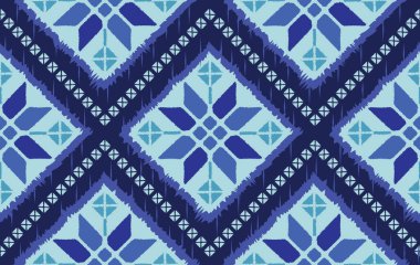 Geometrik örgü desenli dikişsiz kumaş mavi ton. Geleneksel etnik vektör şekli. Arkaplan, duvar kağıdı, halı, giysi, ikat sanat tasarımı, kumaş, nakış, tekstil için tasarlandı. 