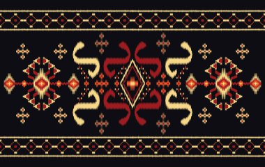 Ikat motifleri etnik dokusuz siyah desenli. Geleneksel ikat etnik model tarzı. Sari, sarong, batik, halı, elbise, kilise deseni, kumaş, nakış, tekstil sanatı için tasarlandı.