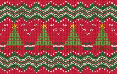 Örülmüş kumaşsız Noel ağacı. Geleneksel örgü şablon taşıyıcı kış konsepti. Arka plan, duvar kağıdı, halı, giysi, örgü desen, kumaş, nakış, tekstil için tasarlandı.