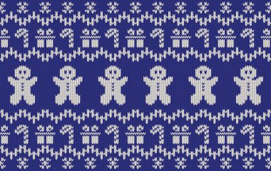 Mavi üzerine dikişsiz Noel süsü örülmüş. Geleneksel örgü şablon vektörü. Örgü desen, kumaş, giysi, nakış, halı, duvar kağıdı, tekstil, arka plan için tasarlandı.