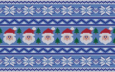 Örülmüş kumaşsız Noel kışı. Geleneksel örgü desenli Noel Baba. Arka plan, duvar kağıdı, halı, giysi, örgü desen, kumaş, nakış, tekstil için tasarlandı.