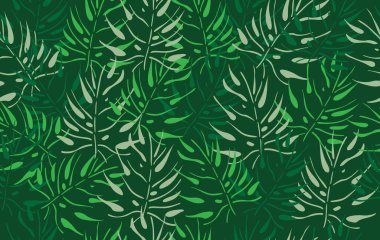 Yaz desenli, kumaşsız yaz mevsimi. Yeşil zemin üzerinde soyut tropikal desen. Arka plan, duvar kağıdı, yaz şablonu, ambalaj kağıdı, doğa, tatil, hafta sonu, tatil için tasarlandı