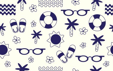 Yaz desenli, kumaşsız yaz mevsimi. Plaj elementleri mavi tonda beyaz üzerine. Arkaplan, duvar kâğıdı, yaz şablonu, ambalaj kağıdı, seyahat, tatil, hafta sonu, tatil için tasarlandı