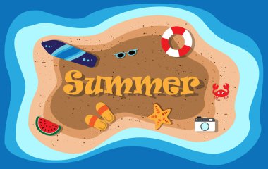 Yaz desenli, kumaşsız yaz mevsimi. Denizin ortasındaki plaj manzarası. Arka plan, duvar kağıdı, yaz şablonu, ambalaj kağıdı, seyahat, tatil, hafta sonu, tatil, plaj için tasarlandı