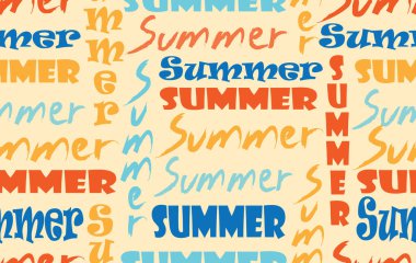 Yaz desenli dikişsiz kumaş sıcak mevsimi. Sarı üzerine yazlık metin tasarımı deseni. Arka plan, duvar kağıdı, yaz şablonu, ambalaj kağıdı, seyahat, tatil, hafta sonu, tatil, plaj için tasarlandı