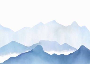 Dağ zemininde suluboya desenli. Dağlar, bulutlar, dalgalar. Lekeler, sis, kuru formlar. Suluboya vektör resimleri.