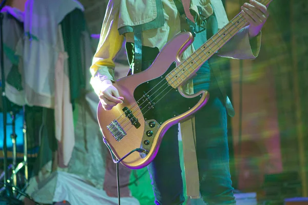 Detail Hand Electric Bass Music Concert Night — Stock Photo, Image