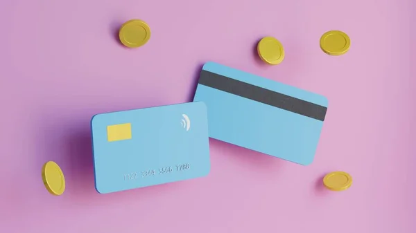Hitelkártyák Renderelése Aranyérmékkel Rózsaszín Alapon — Stock Fotó