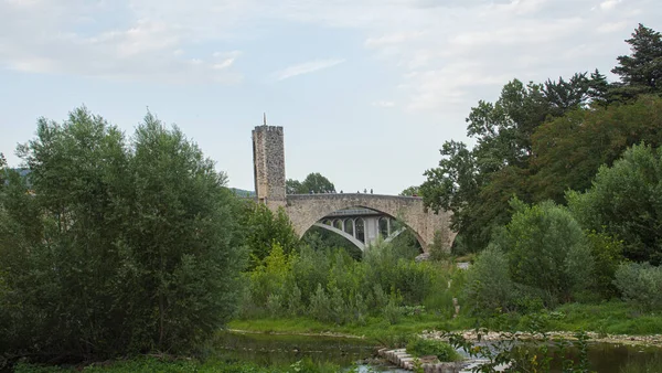 Vista Aldeia Medieval Ponte Rio Besalu Catalunha — Fotografia de Stock