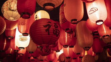 Japon harfleri ve tabelaları olan kırmızı ve beyaz fenerlerin fotorealistik detayları..