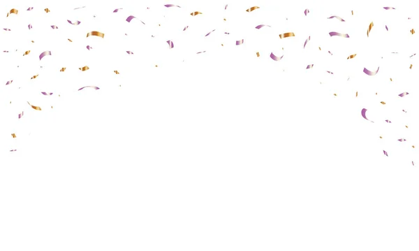 白の背景にリボンが落ちるパープルとゴールドのコンフェッティ お誕生日おめでとう ベクトルイラスト ベクターイラスト — ストックベクタ