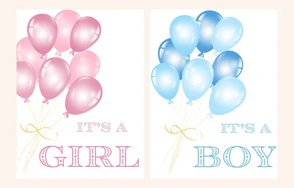 Sada Baby Party Pozvánka Helium Balónky Modrém Růžovém Pozadí Kluk — Stockový vektor