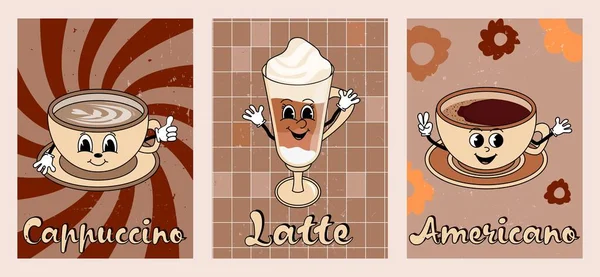 Carteles Vintage Los Años Estampado Retro Con Café Americano Latte — Vector de stock