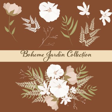 Moda boho çiçekleri düğün buketi. Moda çiçeği. Bej, beyaz, kahverengi, pas, taupe. Vektör illüstrasyonu