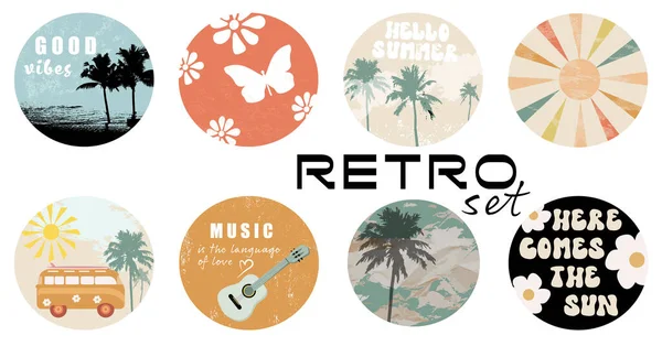 stock vector Summer vibes colored stickers in groovy style 70s. .retro set with groovy lettering ,palm trees, butterflies, car, flowers, vintage texture, guitar, etc. for t-shirt, banner, web and print . Vector
