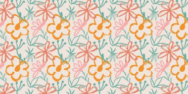 Kumaşlar, sosyal medya iletileri, afişler, kart tasarımı için eski moda çiçeklerle kusursuz desen. Vesaire. Vektör illüstrasyonu