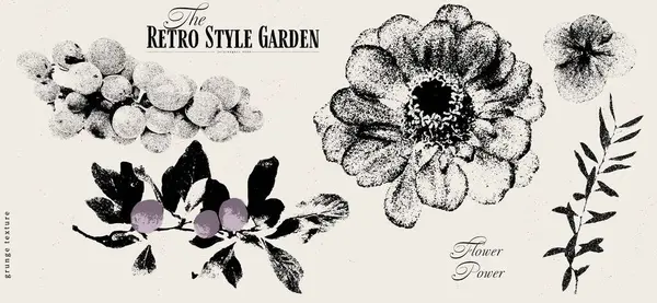 Grunge desenli klasik çiçek tasarımı, retro-stil bahçe temalı, sıkıntılı desenler, nostaljik titreşimler, kelebek motifleri ve el yapımı botanik elementleri. Vektör illüstrasyonu