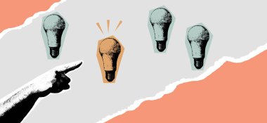 Nostaljik, minimalist bir estetik yaratan, eski tip ampuller ve el içeren, taneli fotokopi desenli Retro iş temalı kolajı. Vektör illüstrasyonu